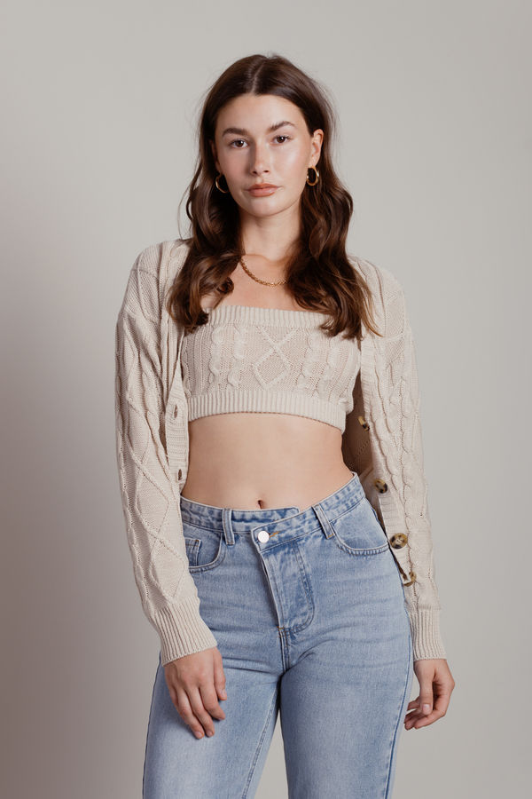 Isla Cable Knit Crop Top and Cardigan Set - Beige