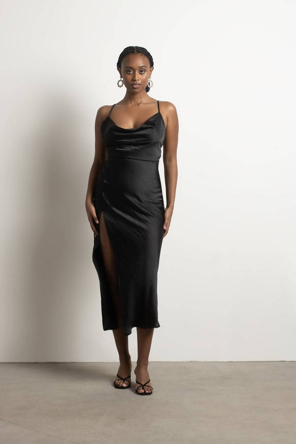 Always Yours Satin Bridesmaid High Slit Midi Dress - Black