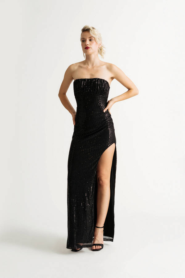 Feverish Sequin High Slit Maxi Dress - Black