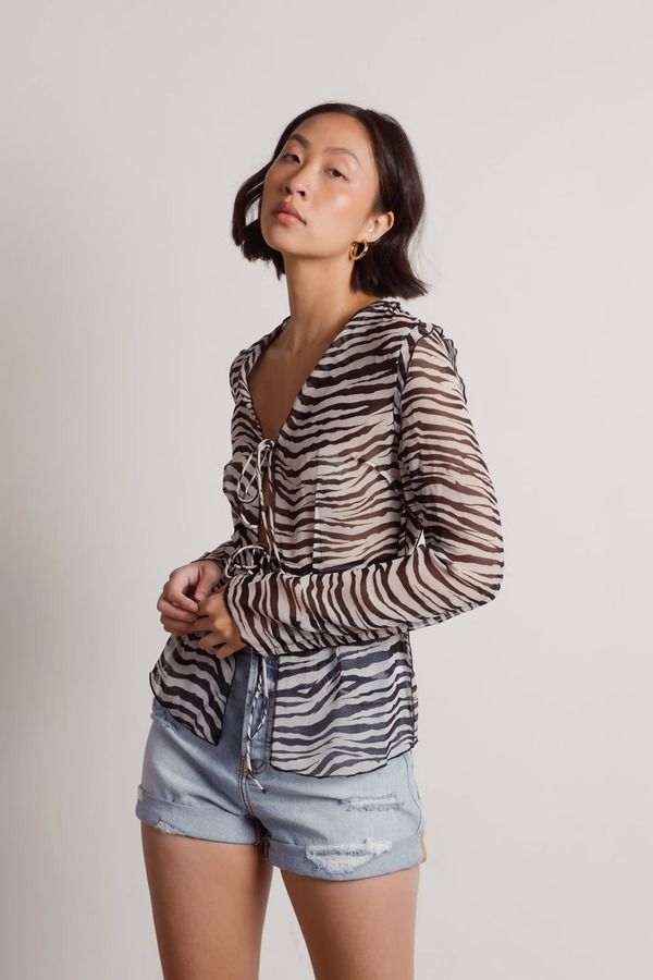 Take Me Out Again Front Tie Blouse - Black & White