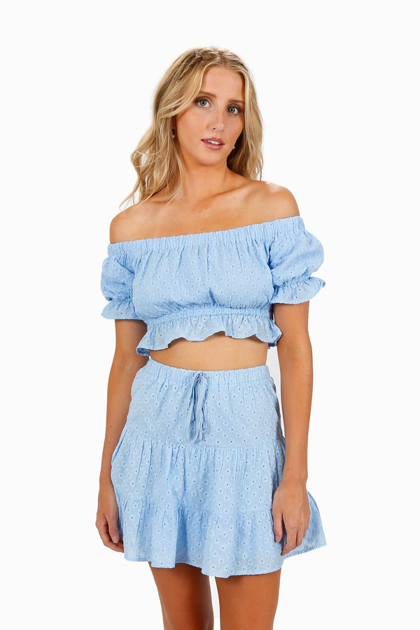 Himalia Eyelet Crop Top and Mini Skirt Set - Blue