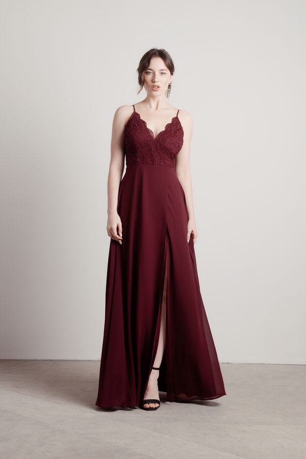Unforgettable Lace High Slit Maxi Dress - Burgundy
