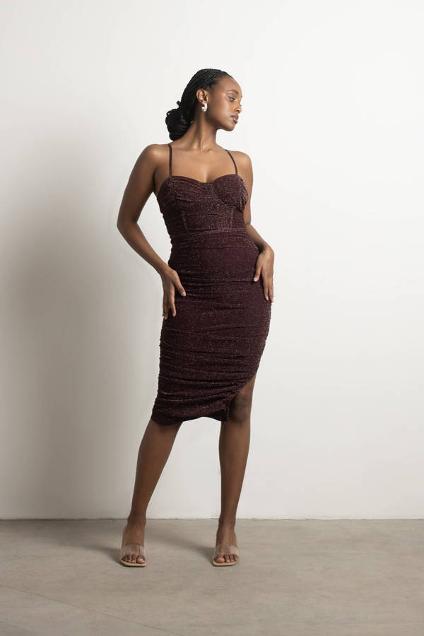 Up All Night Glitter Mermaid Midi Dress - Chocolate Brown