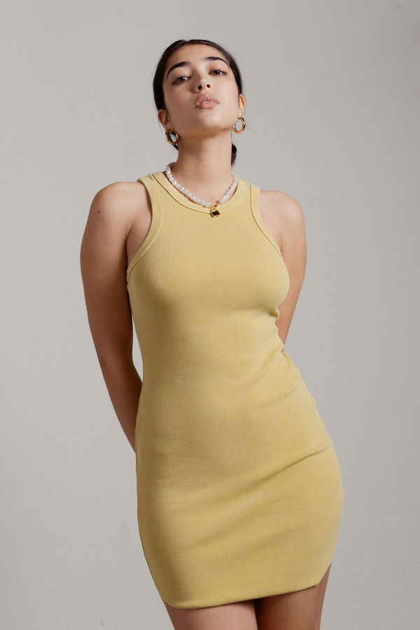 Henri Ribbed Bodycon Mini Dress - Citron Yellow