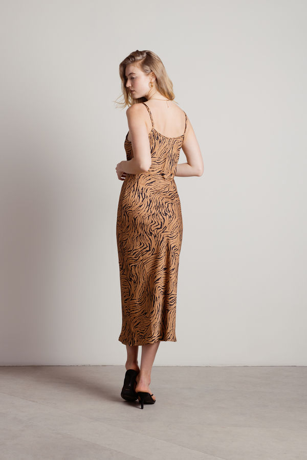 Hear Me Purr Tiger Print Slip Midi Dress - Mocha