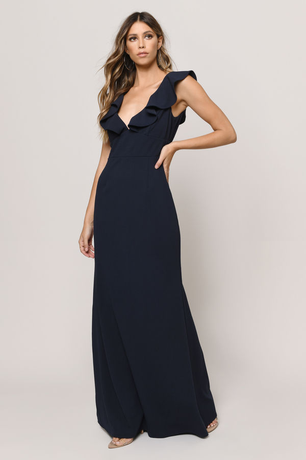 Too Close Ruffle Deep V Maxi Dress - Navy Bridesmaid