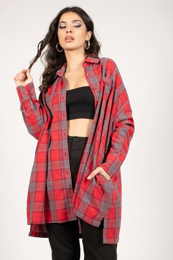 Plaid To The Bone Button Up Top - Red