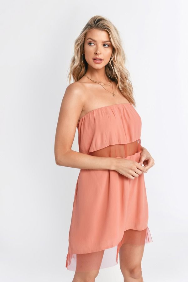 Only Girl Strapless Mesh Hem Mini Dress - Rust
