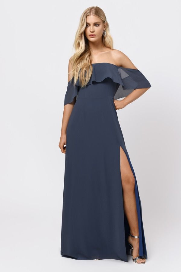 Into You Off The Shoulder High Slit Maxi Dress - Slate