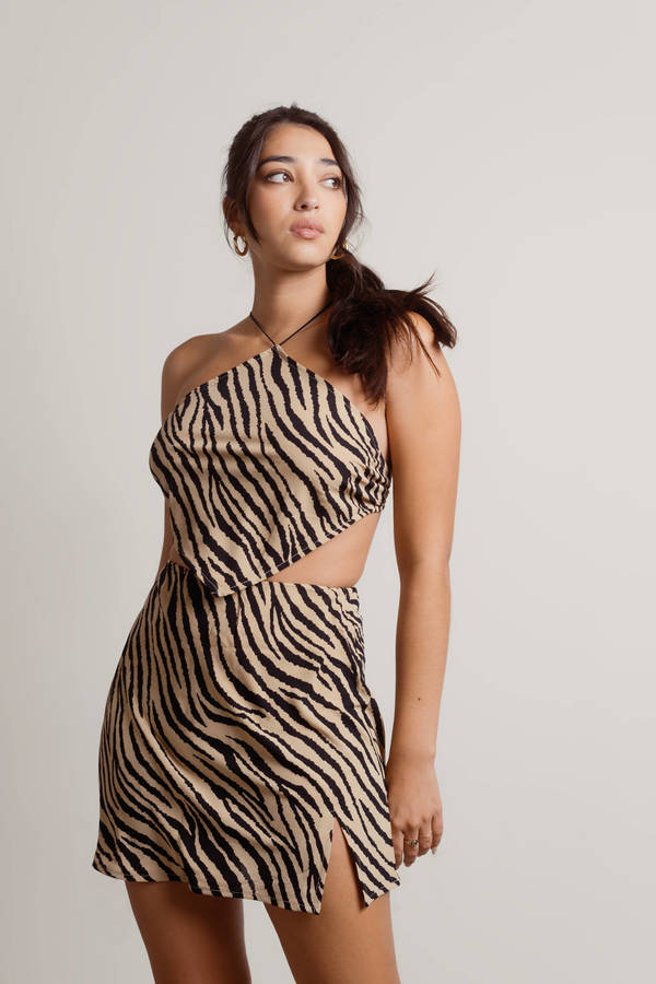 Wild Ones Zebra Print Crop Top and Mini Skirt Set - Taupe