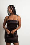 Instant Feeling Satin Open Back Mini Dress - Chocolate