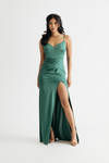 Nicola Green Satin Shirred Slit Maxi Dress