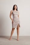 Golden Age Ruched Slit Mini Dress - Taupe