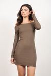 Off My Shoulder Ribbed Bodycon Mini Dress - Taupe
