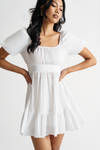 Syrah Puff Sleeve Skater Mini Dress - White