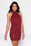 Meet Me At The Halter Lace Up Backless Mini Dress - Wine