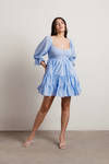 Hello There Plaid Babydoll Mini Dress - Blue