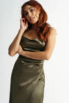 Emma Satin Cowl Neck Midi Dress - Olive