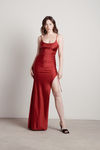 What A Night Ruched High Slit Maxi Dress - Red