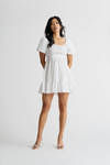 Syrah Puff Sleeve Skater Mini Dress - White
