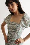 Blossoming Floral Ruched Mini Dress - Green